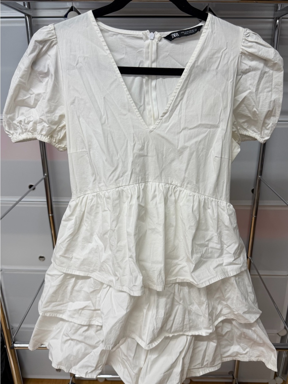 Zara White V-Neck Puff Sleeve Tiered Mini Dress
